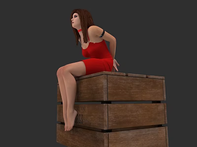 Woman In Red Dress Sitting On Stacked Wooden Crates With Brown Hair 3d model