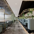 Elegant Modern Restaurant Interior With Marble Floor Crystal Curtain Green Plants And Gray Seats