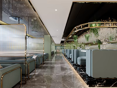 Elegant Modern Restaurant Interior With Marble Floor Crystal Curtain Green Plants And Gray Seats 3d model