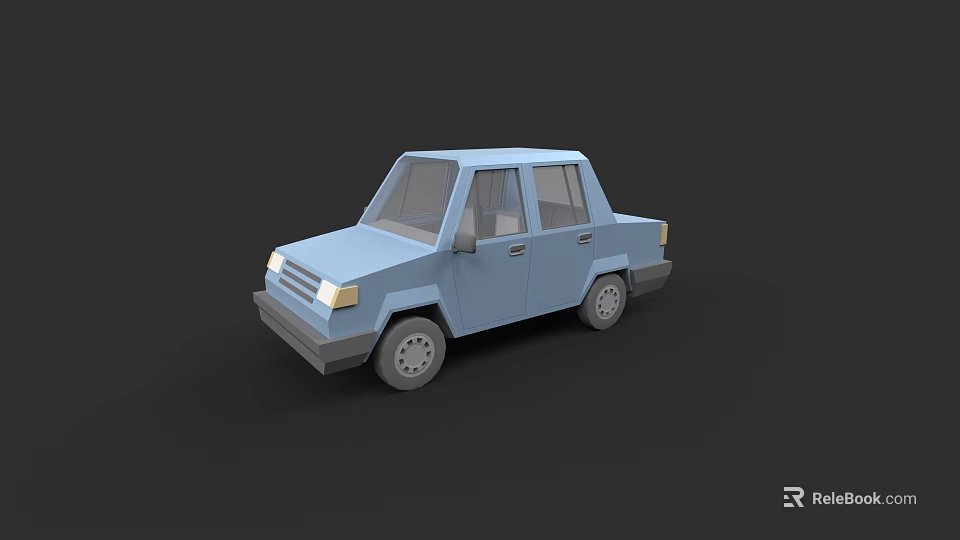 Light Blue Car 3D Model with Low Poly Style Simple Design Four Doors and Headlights 3d model 