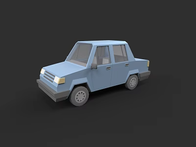 Light Blue Car 3D Model with Low Poly Style Simple Design Four Doors and Headlights 3d model