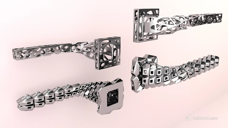 Modern Metal Door Handles With Geometric Hollow Cutout Design For Home Doors 3d model 