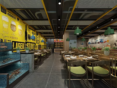 Vibrant Seafood Restaurant Interior With Yellow Walls Green Pendant Lights And Fish Tanks 3d model