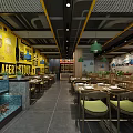 Vibrant Seafood Restaurant Interior With Yellow Walls Green Pendant Lights And Fish Tanks