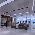Modern Service Hall Interior With Service Counter Digital Screen Waiting Seats And Green Plants
