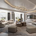 Luxury Modern Living Room Interior With Curved Sofa Wooden Coffee Tables And Large Glass Windows