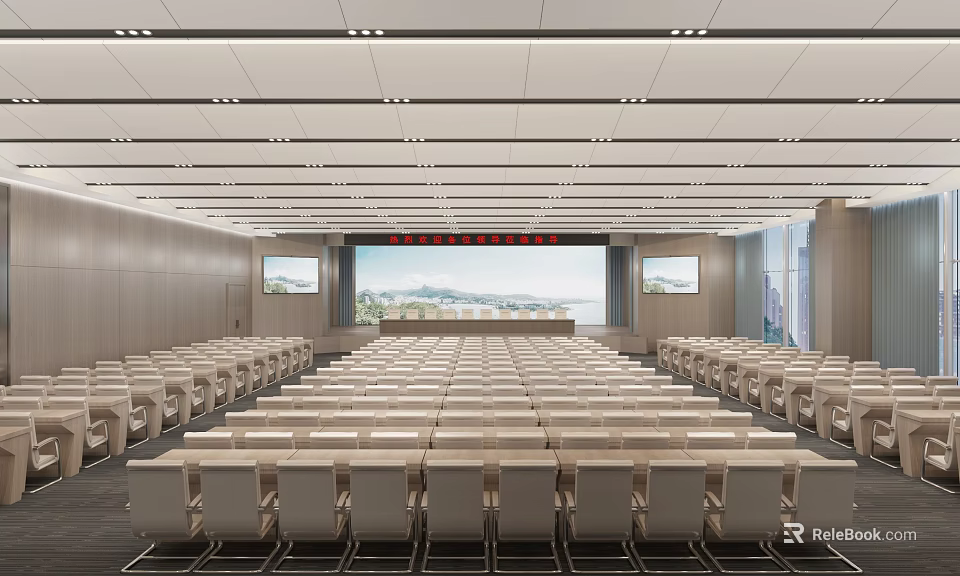 Modern Large Conference Room Interior With Rows Of Seats Large Screen Side Screens And Lighting 3d model 