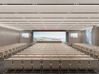 Modern Large Conference Room Interior With Rows Of Seats Large Screen Side Screens And Lighting 3d model