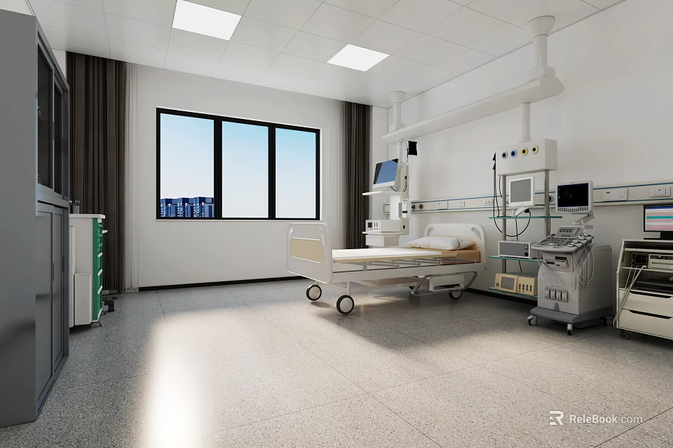 Modern Hospital Room Interior With Hospital Bed Medical Equipment Windows And Storage Cabinets 3d model 