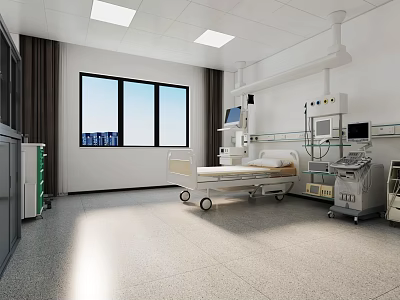 Modern Hospital Room Interior With Hospital Bed Medical Equipment Windows And Storage Cabinets 3d model