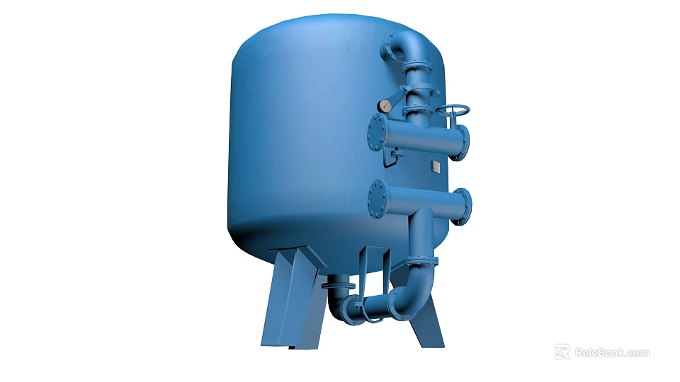 Blue Cylindrical Industrial Equipment Tank With Heavy Duty Pipes And Stands 3d model 