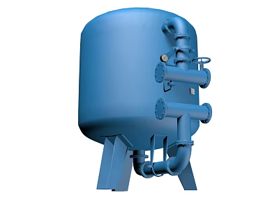 Blue Cylindrical Industrial Equipment Tank With Heavy Duty Pipes And Stands 3d model