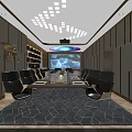 Modern Conference Room with Long Table Chairs Projection Screen World Map Bookshelves and Ceiling Lighting
