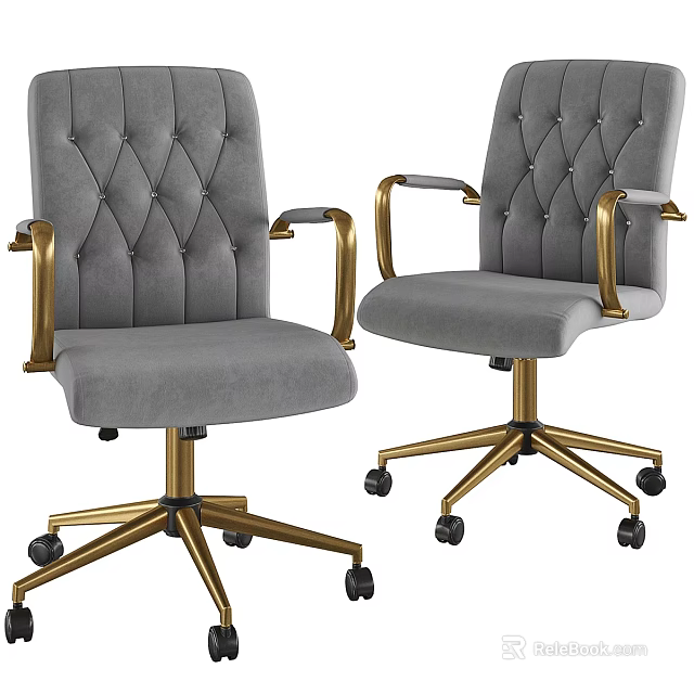Gray Tufted Office Chairs With Golden Armrests And Rolling Golden Base 3d model 