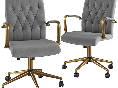 Gray Tufted Office Chairs With Golden Armrests And Rolling Golden Base 3d model