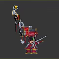 Lego Style Red Mechanical Device With Various Weapons Axes Hammers And Spears