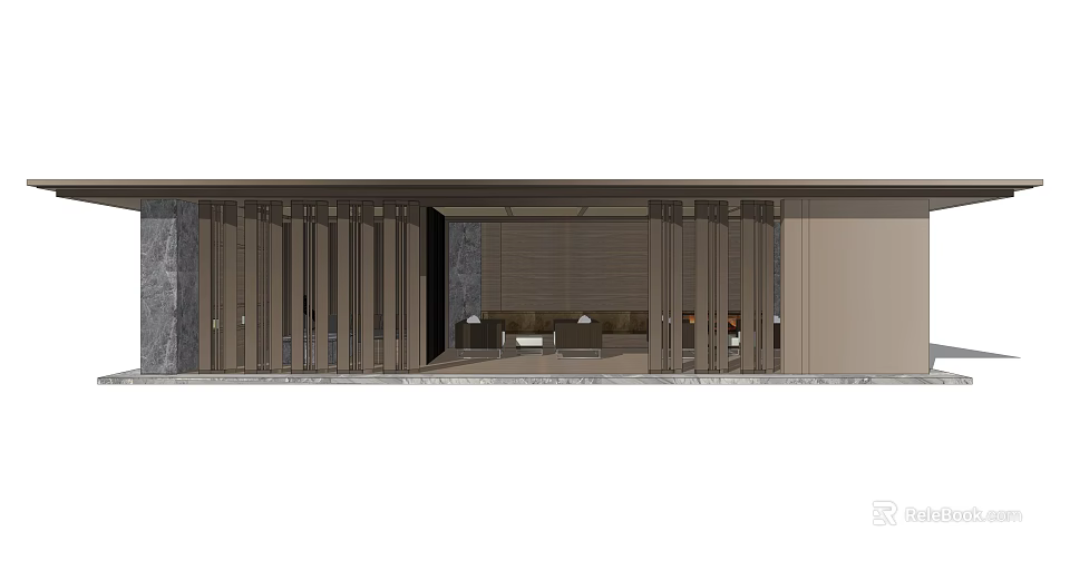 Modern Interior Space With Wooden Partitions Cozy Sofa And Ambient Lighting 3d model 