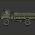 Military Truck in Military Green with Open Cargo Bed and Large Tires