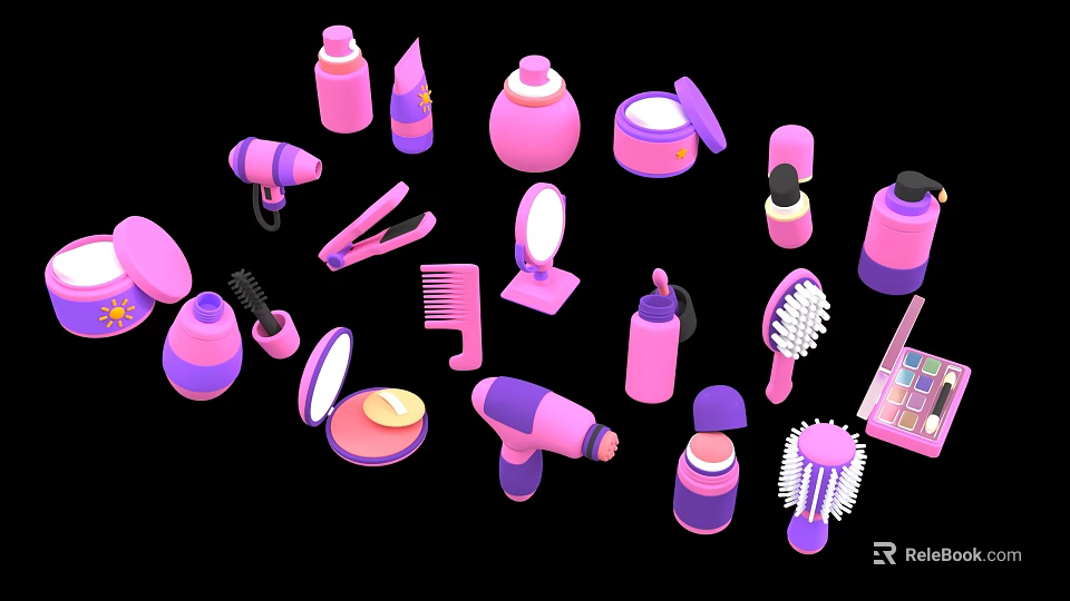 Pink Purple Beauty Personal Care Items Display With Cosmetics Tools And Makeup Products 3d model 