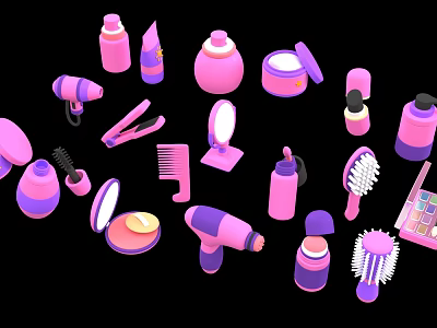 Pink Purple Beauty Personal Care Items Display With Cosmetics Tools And Makeup Products 3d model