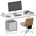 Modern Glass Top Desk With iMac Computer Keyboard Pen Holder Chair And Drawer Cabinet