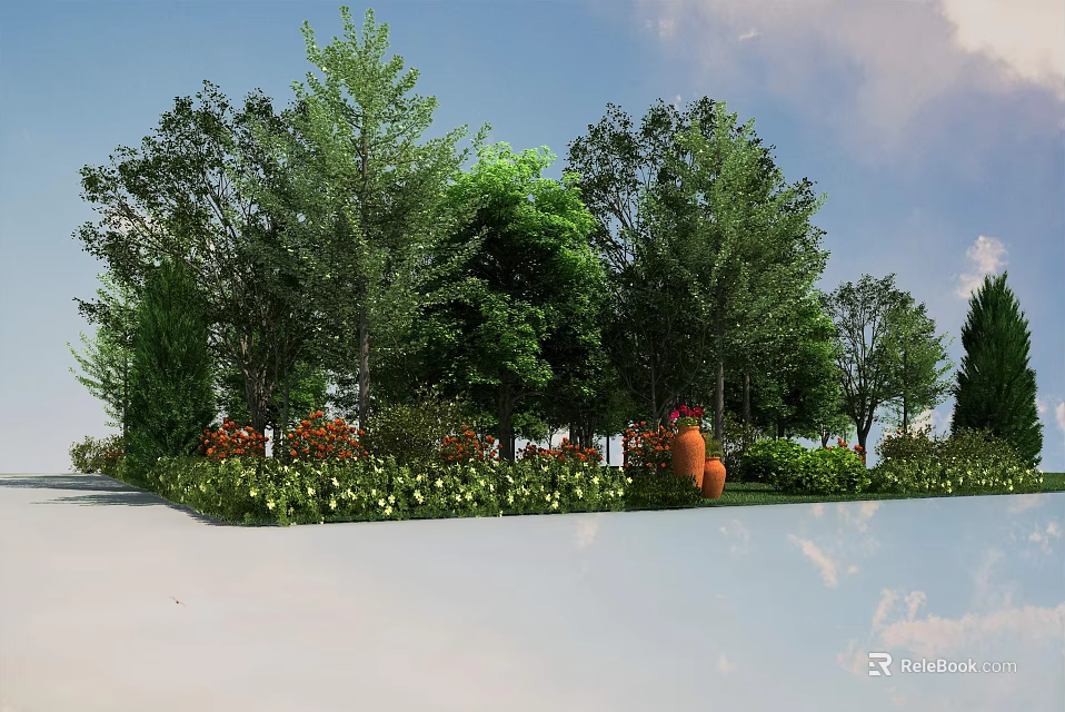 Scenic Park Landscape With Lush Trees Colorful Flower Beds And Decorative Clay Pots 3d model 