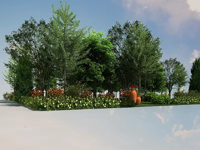 Scenic Park Landscape With Lush Trees Colorful Flower Beds And Decorative Clay Pots 3d model