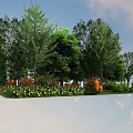 Scenic Park Landscape With Lush Trees Colorful Flower Beds And Decorative Clay Pots