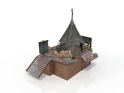 Rustic Spiked Tent Building With Wooden Steps Stone Platform And Surrounding Stones 3d model