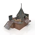 Rustic Spiked Tent Building With Wooden Steps Stone Platform And Surrounding Stones