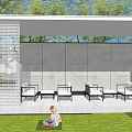 Modern Landscape Pavilion With White Grid Structure Gray Walls Outdoor White Chairs Green Lawn