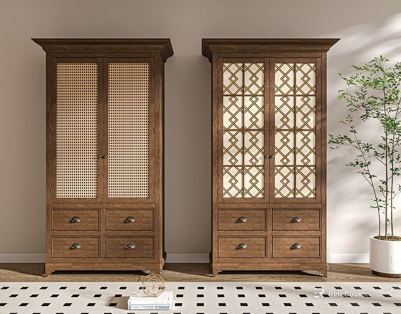 Traditional Wooden Wardrobe With Lattice Doors Drawers And Potted Plant In Interior 3d model 