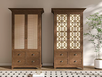 Traditional Wooden Wardrobe With Lattice Doors Drawers And Potted Plant In Interior 3d model