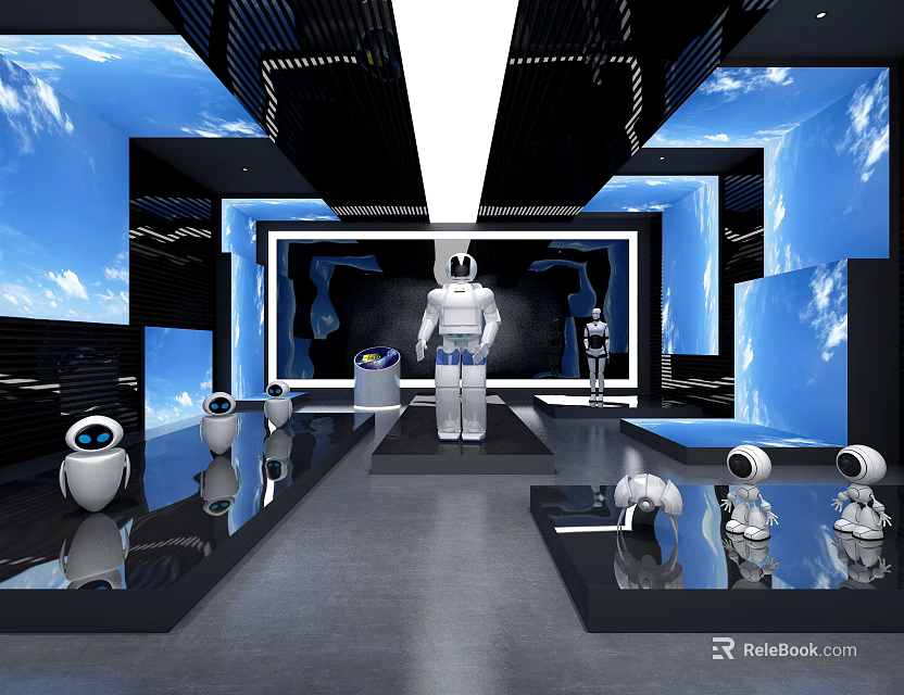 Futuristic Exhibition Hall With Astronaut Model And Robots On Blue Sky Walls 3d model 