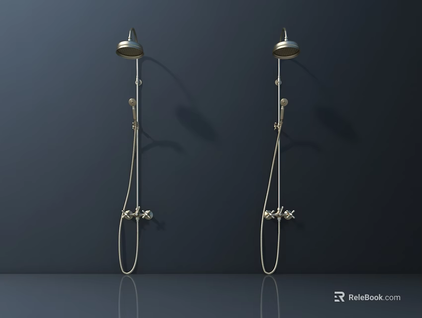 Two Brass Shower Heads With Handheld Sprayers And Control Fixtures On Dark Wall 3d model 