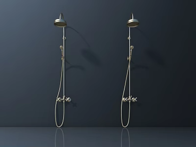Two Brass Shower Heads With Handheld Sprayers And Control Fixtures On Dark Wall 3d model