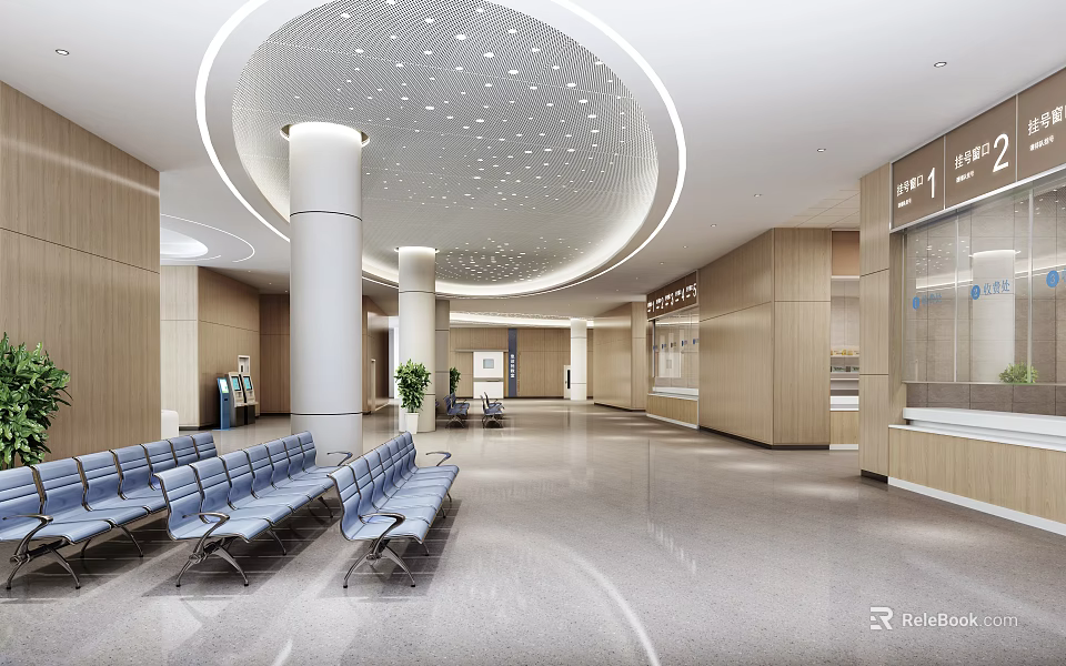 Hospital Outpatient Department Lobby With Waiting Benches White Columns Wooden Walls And Circular Ceiling Design 3d model 