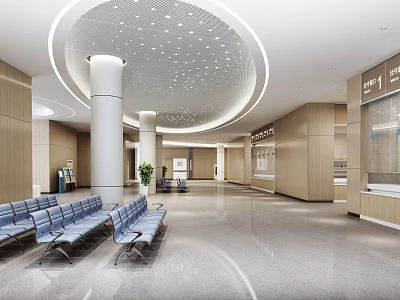 Hospital Outpatient Department Lobby With Waiting Benches White Columns Wooden Walls And Circular Ceiling Design 3d model