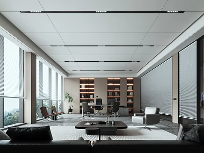 Modern Office Interior With Open Layout Large Windows Bookshelves Sofa And Coffee Table 3d model