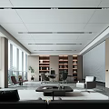 Modern Office Interior With Open Layout Large Windows Bookshelves Sofa And Coffee Table