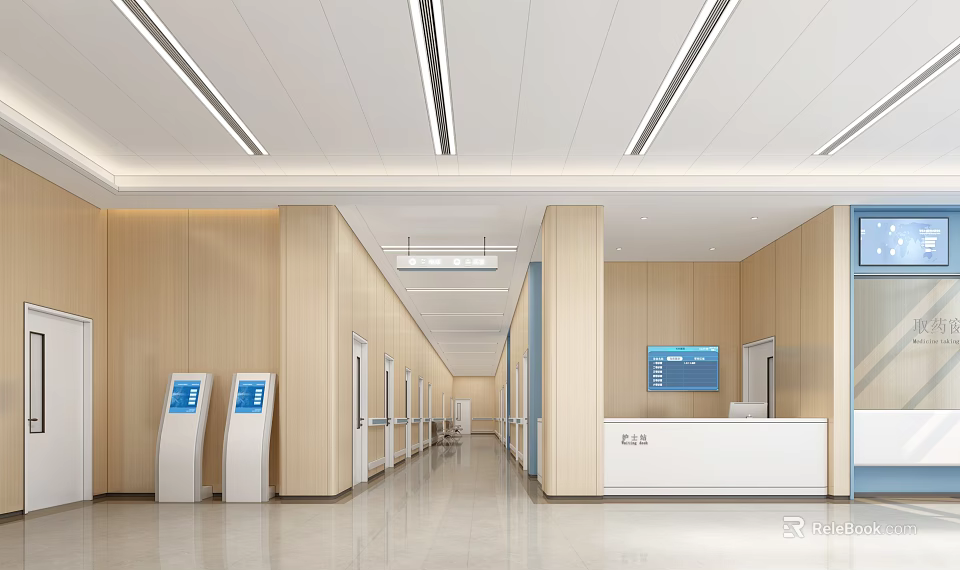Modern Hospital Outpatient Clinic Interior With Self Service Kiosks Reception Desk And Digital 3d model 