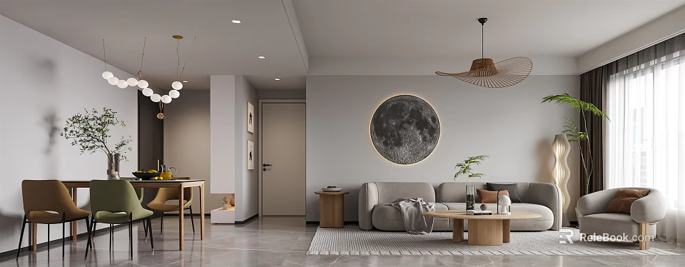 Open Modern Living and Dining Room With Circular Moon Artwork Pendant Lights Sofa Coffee Table 3d model 