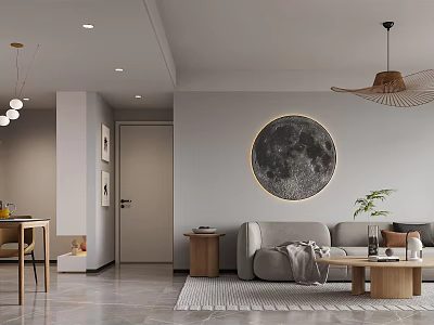 Open Modern Living and Dining Room With Circular Moon Artwork Pendant Lights Sofa Coffee Table 3d model
