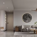 Open Modern Living and Dining Room With Circular Moon Artwork Pendant Lights Sofa Coffee Table
