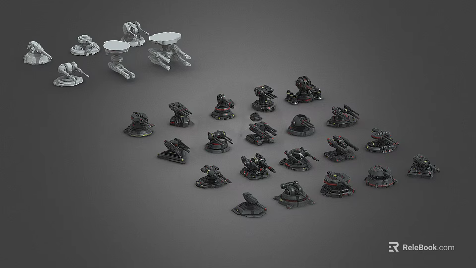 Detailed Weapon Models In Various Designs And Black White Colors Displayed Together 3d model 