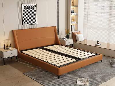 Orange Leather Bed Bedroom Interior With Wooden Slat Base Nightstand And Decorative Painting 3d model