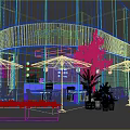 Modern Bubble Tea Shop Exterior With Green Awning White Umbrellas Tables Chairs And Plants