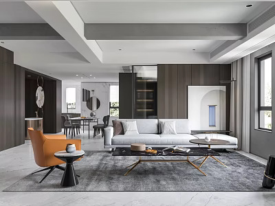 Modern Living Dining Room Interior Design With Gray Sofa Coffee Table And Dining Chairs 3d model