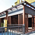 Modern Outdoor Pavilion Design With Glass Roof Wooden Columns And Yellow Building
