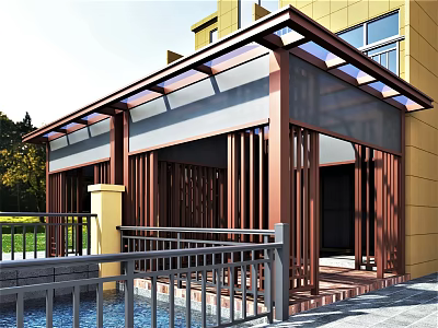 Modern Outdoor Pavilion Design With Glass Roof Wooden Columns And Yellow Building 3d model